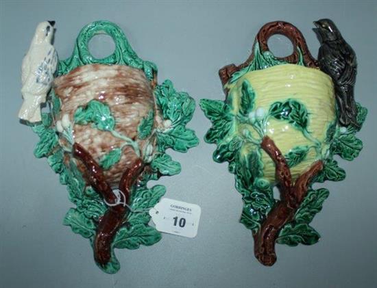 Pair of Majolica bird design wall pockets